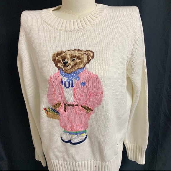 Polo Ralph Lauren Women's White Sweater with Pink Bear Design